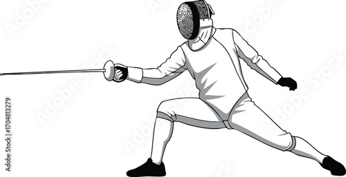 Dynamic Fencing Athlete in Action Monochrome Vector Illustration