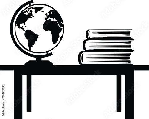 Silhouette of a globe and books on a table the image represents education, knowledge, and exploration of the world through learning