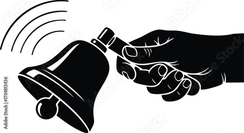 Hand ringing a bell, symbolizing announcement, alert, or call to attention, often used in schools, events, or as a signal