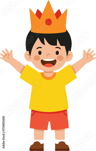 Joyful Boy Wearing Orange Crown, Arms Outstretched