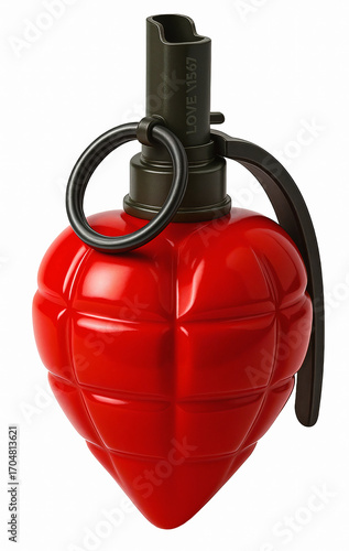 Red Heart-Shaped Grenade – Love and Danger Concept Isolated on White