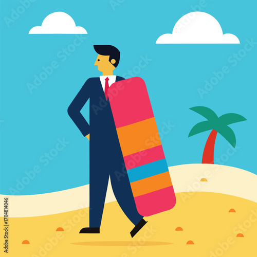 Business man with colorful swimming mattress leisure holiday summer vacation relaxation vector artwork