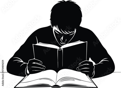 A silhouette of a person reading a book with focused attention, head bent over the pages