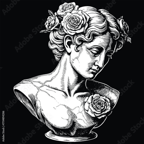 Classical bust with broken details and rose adornment sculpture antique art decorative statue vector artwork