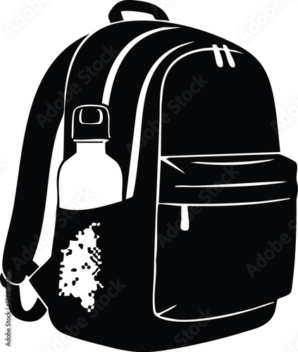 A black and white vector illustration of a backpack with a water bottle in its side pocket, perfect for school, travel, or everyday use