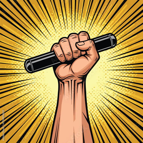 A powerful pop art illustration of a raised male hand tightly gripping a black police baton.