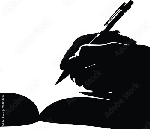 A hand writing in a book, a silhouette of a hand holding a pen and writing, perfect for illustrating writing, creativity, or education