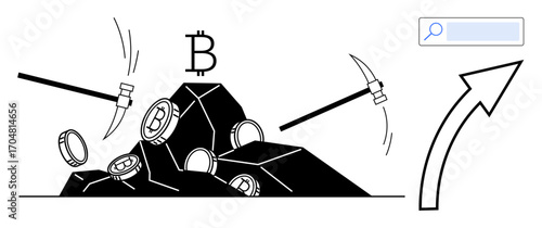 Picks striking rocks with coins and Bitcoin symbol emerging, upward arrow representing growth. Ideal for blockchain, cryptocurrency, mining concept, investment, innovation, digital economy, simple