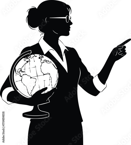 Silhouette of a teacher holding a globe and pointing, , representing education, geography, global awareness, and the guidance of knowledge