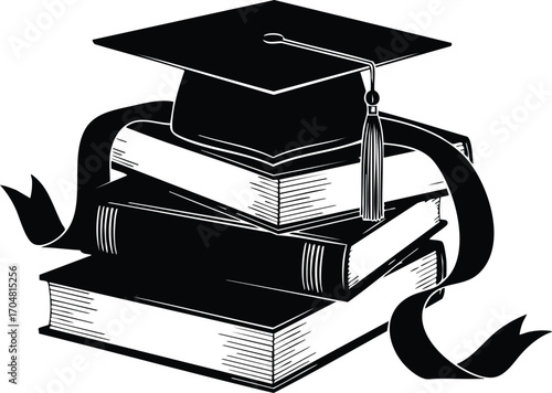 Graduation cap on top of books with ribbon the cap is black and the books are stacked on top of each other, tied with a ribbon