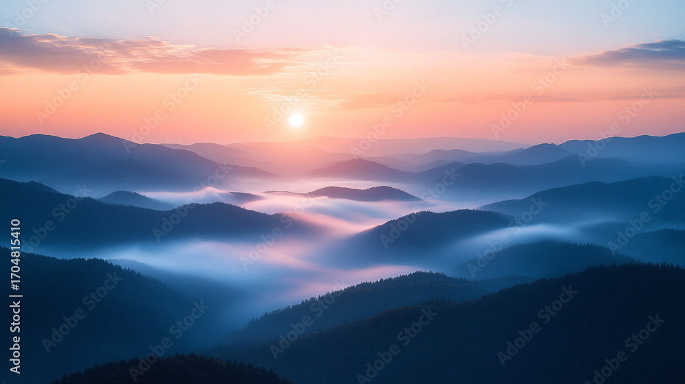 Fototapeta premium Misty Mountain Sunrise with Soft Pastel Sky
