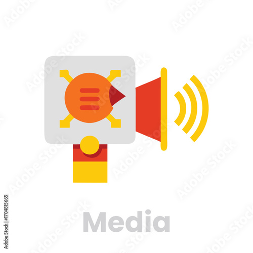 A vibrant flat icon illustration isolated on white background, representing media with a speaker, broadcasting, and communication in a modern design