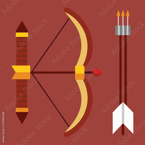 Emoji wooden hunting bow arrow sharp flat set hunter weapon archery sport target vector illustration
