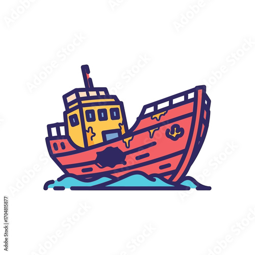 Abandoned shipwreck illustration drifting on the ocean waves a vector design for maritime history  nautical themes ideal for education blog