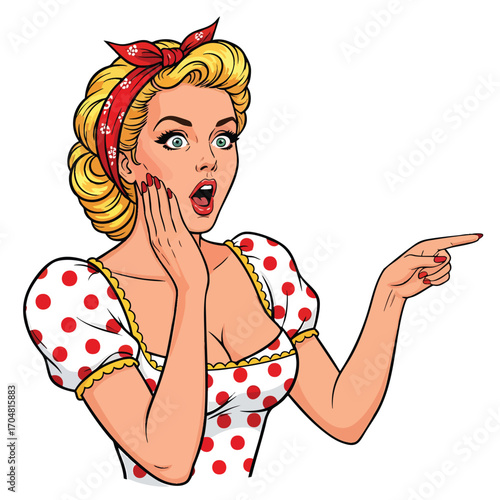 A surprised retro pinup woman in a polka dot dress pointing her finger in a pop art style.