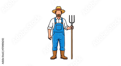 Vector single icon of a farmer man wearing a straw hat, blue overalls, and brown boots, holding a pitchfork, realistic color style, isolated on white background