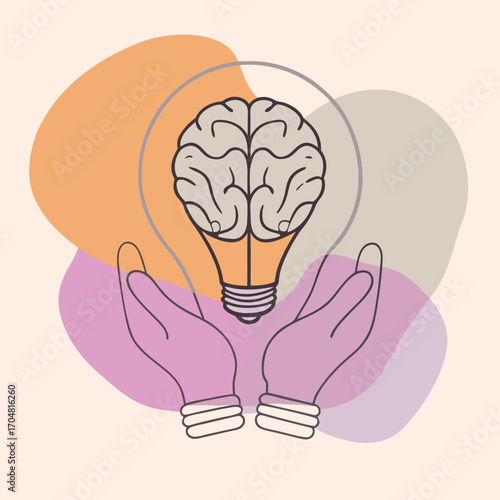 Gl hbirne mit gehirn zwischen h nden idea brain energy lightbulb technology science vector artwork