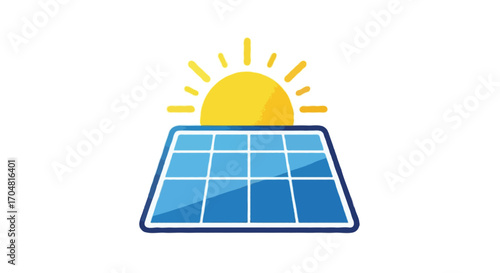 Flat vector single icon of a blue solar panel with yellow sun above it, minimal colorful flat gradient style, isolated on white background