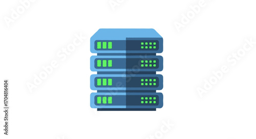 Flat vector single icon of stacked server racks with glowing green lights, minimal gradient blue and gray colors, isolated on white background
