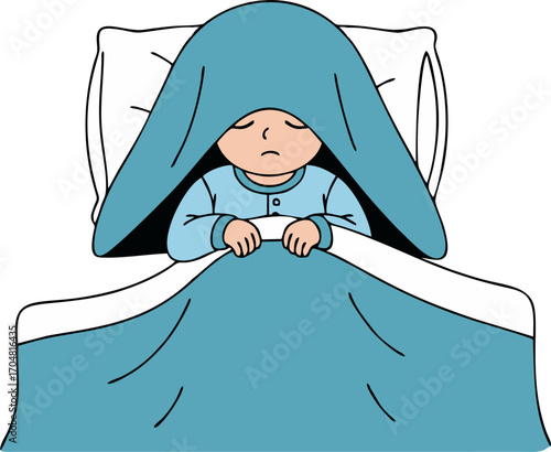 Sad Child Hiding Under Blanket in Bed