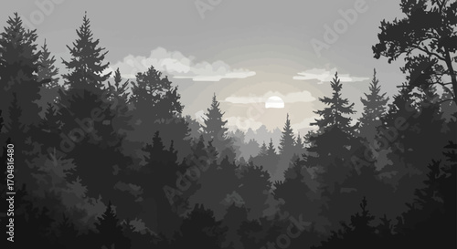 mysterious forest at dusk a dense evergreen forest silhouette with sun shining through clouds perfect background for nature peace and solitude.