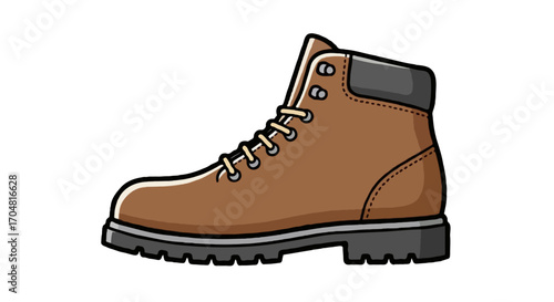 Flat vector single icon of sturdy hiking boots in brown with black sole, minimal flat colorful gradient style, isolated on white background