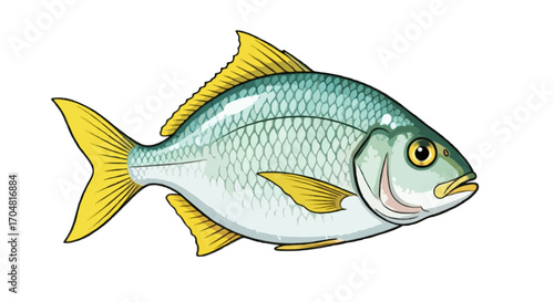 Vector single icon of a realistic fish, silver body with blue-green scales and yellow fins, isolated on white background