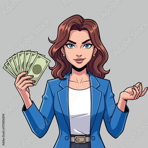 Confident cartoon businesswoman in a blue blazer holding a fan of money.