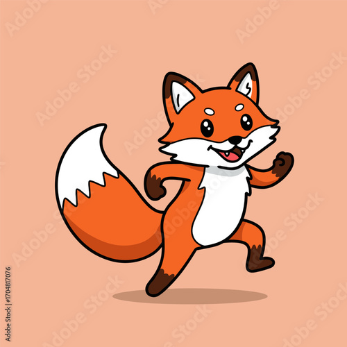 A lively fox skips forward with a big smile, one leg raised and tongue out, set against a peach background.