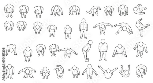 overhead people various activities from standing  bowing to stretching  exercising depicting diversity in movement for infographics  websites