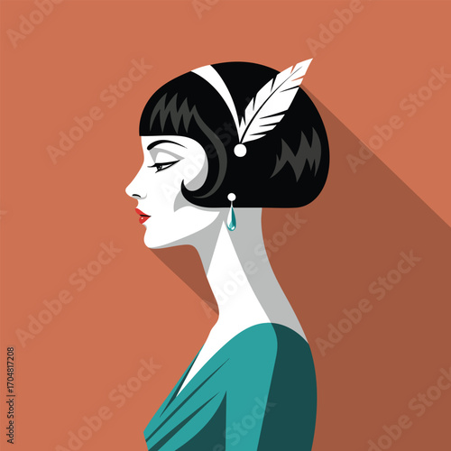Elegant 1920s flapper woman in profile with a black bob haircut and a white feather.