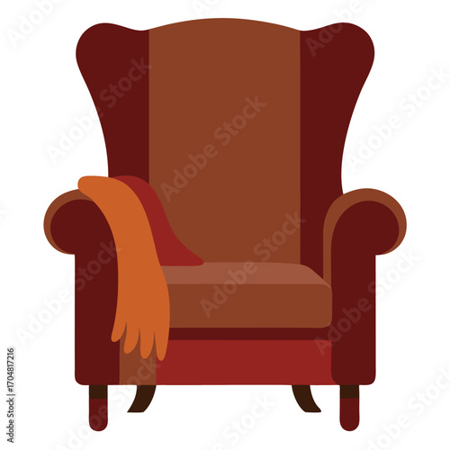 Leather wingback chair with throw isolated furniture home decor comfort armchair seat vector illustration
