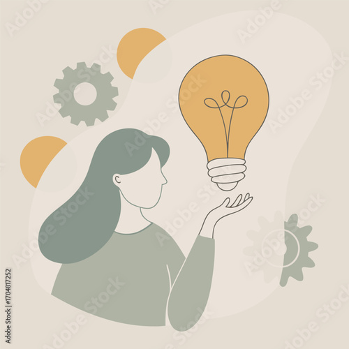 Lightbulb with branching idea a woman thinking abstract creativity inspiration innovation imagination vector artwork
