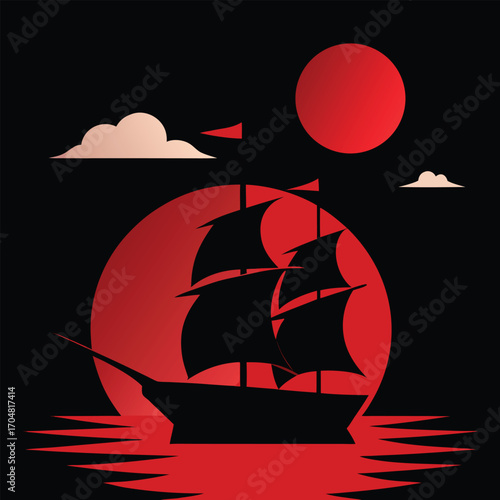 Majestic sailing ship at night under a crimson moon maritime vessel sea travel fantasy adventure vector illustration