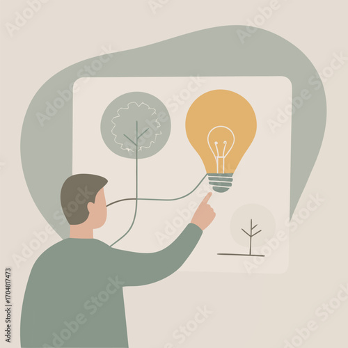 Man pointing at a screen with a lightbulb and window innovation business presentation creative idea vector concept