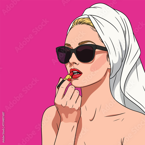 Pop art illustration of a glamorous blonde woman in a towel and sunglasses applying red lipstick.