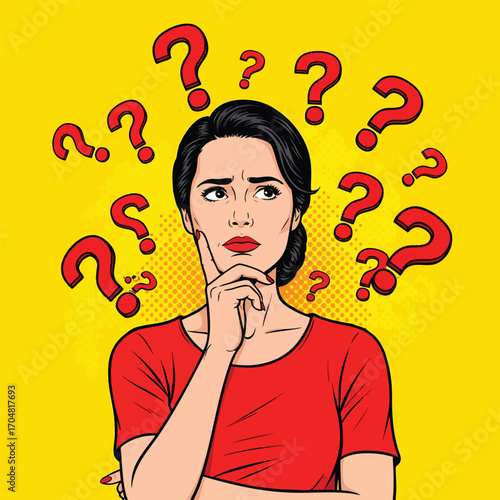Pop art illustration of a confused woman thinking with question marks floating around her head.