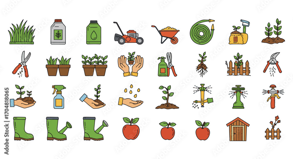 Fototapeta premium gardening tools and plants illustrations for landscaping or farming projects perfect for agriculture websites showing growth cultivation and maintenance