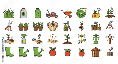 gardening tools and plants illustrations for landscaping or farming projects perfect for agriculture websites showing growth cultivation and maintenance