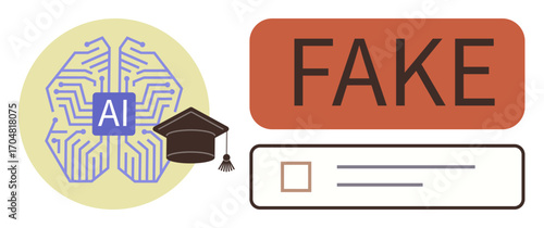 AI brain with a graduation cap and Fake text emphasizes artificial intelligences role in identifying false information. Ideal for technology, education, critical thinking, fraud detection
