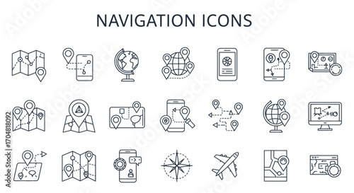 navigation icons route planning on maps mobile app globe for global travel digital navigation perfect for travel and tech blogs.