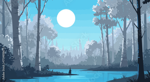Silhouette of a person sitting by a tranquil lake under moonlight surrounded by a misty forest at night evoking calm and solitude