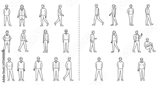 diverse people illustrations simple line art of standing walking and sitting figures representing various lifestyles and inclusivity for presentations