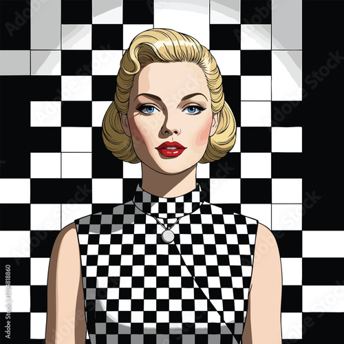 Pop art illustration of a stylish blonde woman in a vintage checkerboard dress.