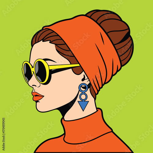 Pop art illustration of a stylish woman in profile with sunglasses and an orange headband.