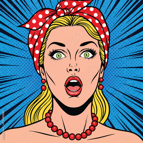 Pop art illustration of a surprised blonde woman wearing a red polkadot bandana and beaded necklace.