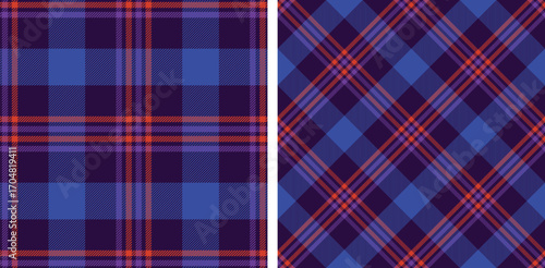 Seamless purple color check pattern. Repeating patern plaid. Checkered design for prints. Repeated tartan fabric. Vector scottish fabriс. Ekose texture. Madras flannel. Checker line. Stripe gingham