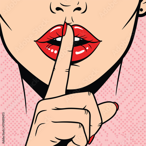 Pop art illustration of a woman with red lips making a shush gesture for silence.