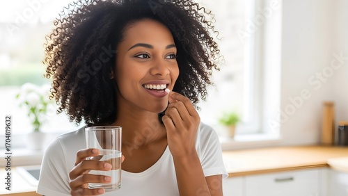 Happy young African American woman taking a daily vitamin supplement pill with a glass of water for her health and wellness routine at home