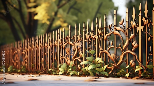 Golden gate elegance, nature's embrace blending with refined metalwork along a quiet path